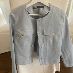 Zara Women's Soft Blue Blazer with Gold Accents